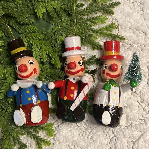Vintage Other - Lot of 3 Vintage Clown Colorful Wooden Ornaments Top Hats Tree 3.25” Christmas